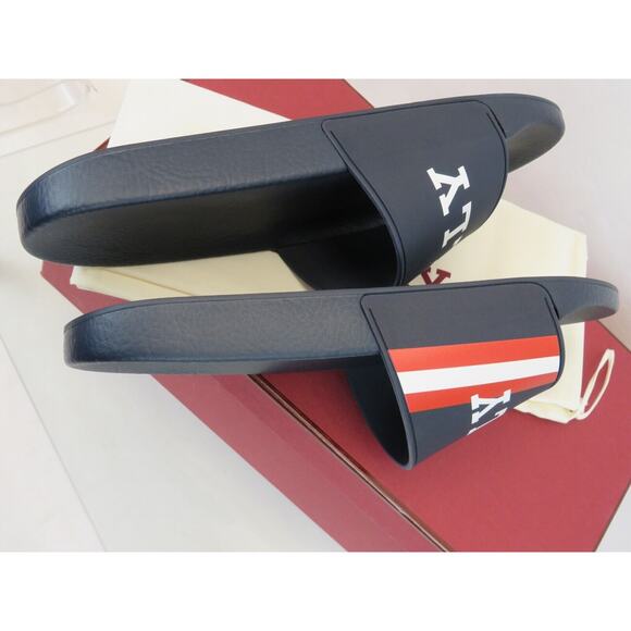 NIB BALLY SIMON NAVY INK RUBBER RED WHITE WEB LOGO SANDAL POOL SLIDES 8 D ITALY main image 7